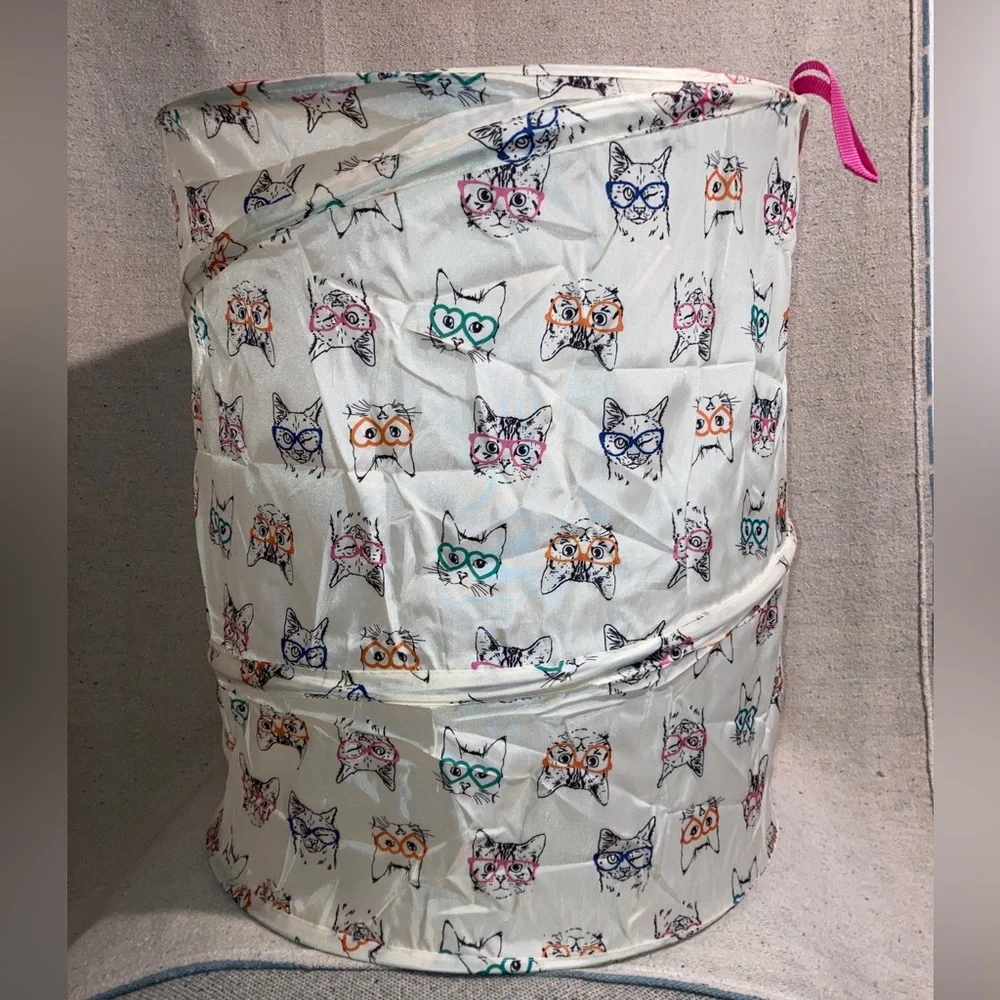 Cat Kitty Print Pop Up Clothes Laundry Hamper Collapsible Handles Novelty New